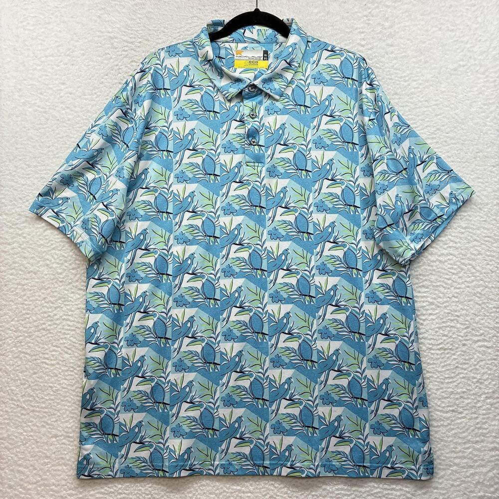Nicklaus Polo Shirt Mens XL Blue Tropical Bird Print Golf Eco Choice Stretch